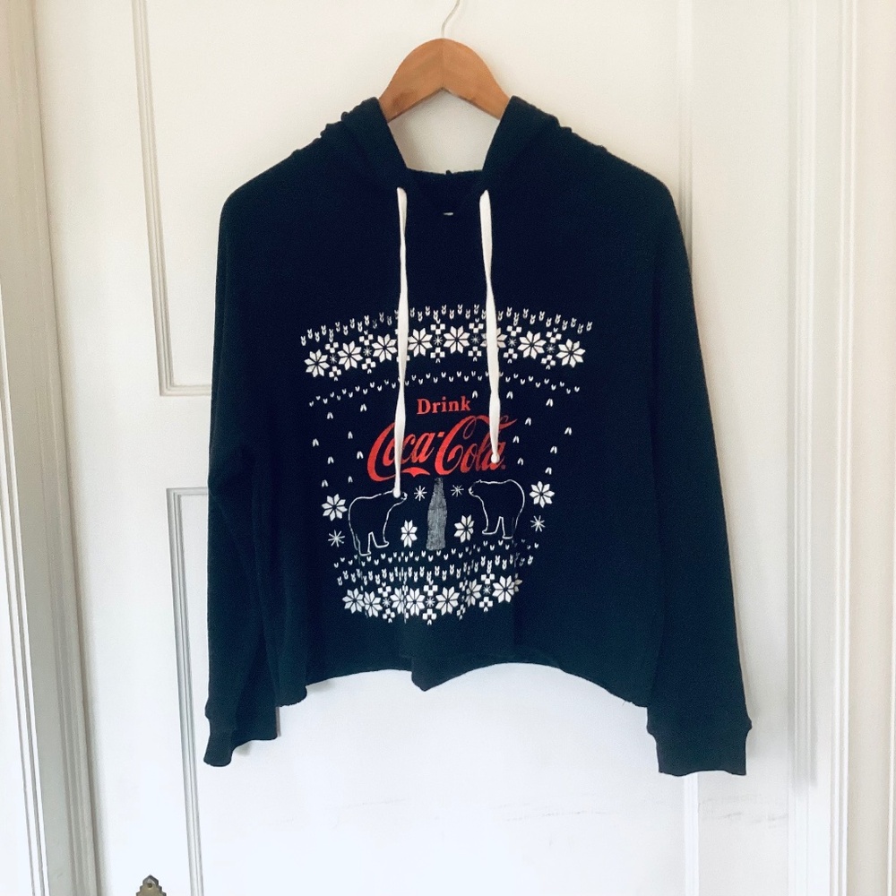 Coca Cola Black Snow Flake Winter Polar Bear Crop Hoodie Size L Christmas Y2K